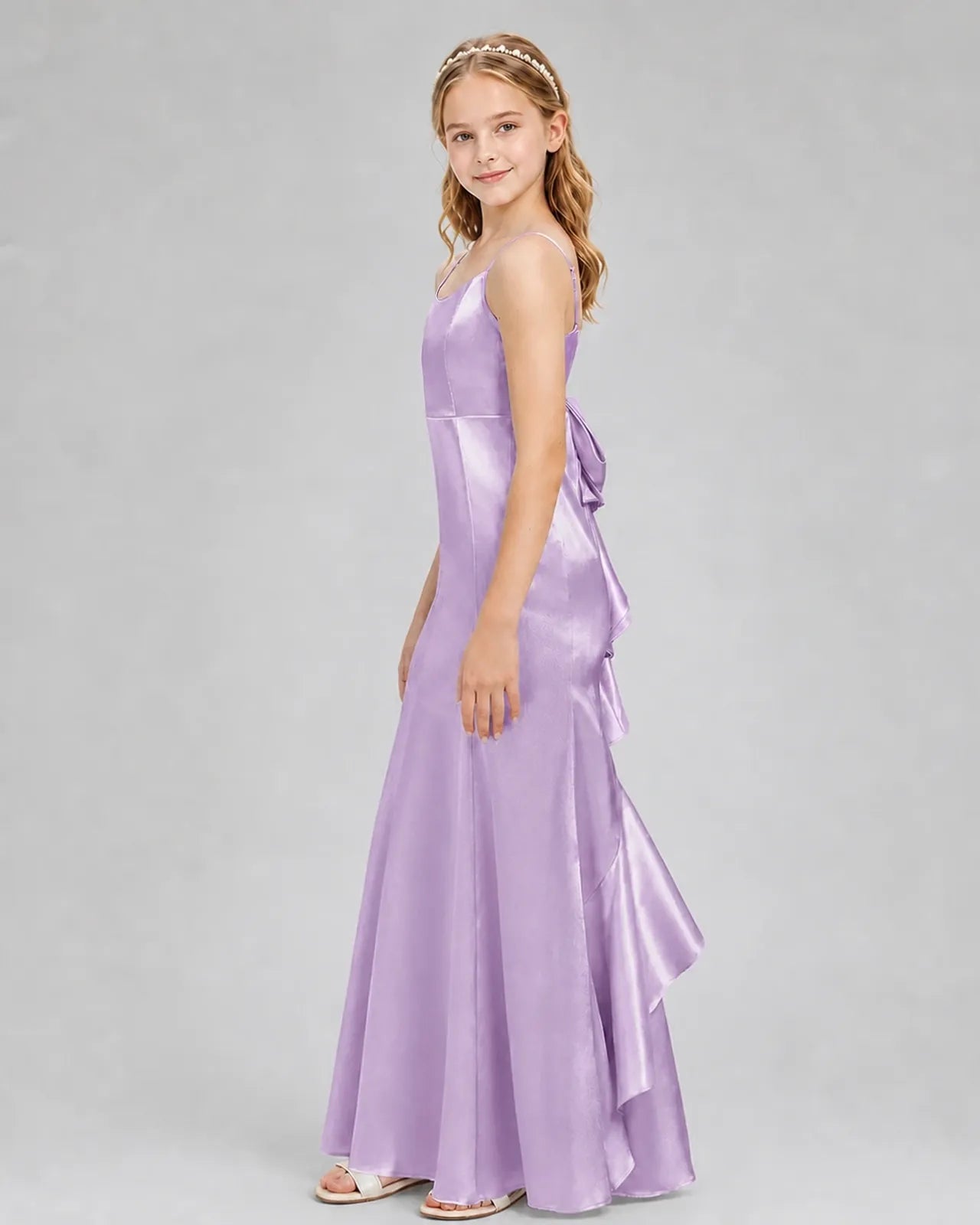 Lilac Satin A-line Girls Formal Dress Side View
