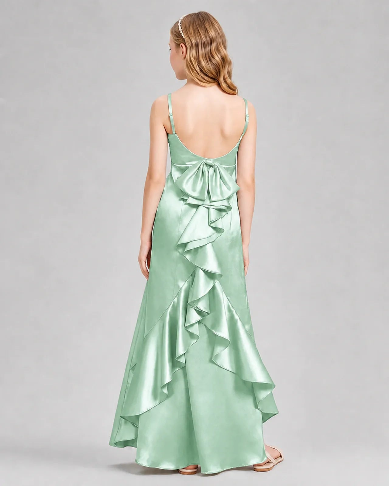 Mint Green Satin A-line Girls Formal Dress Back View