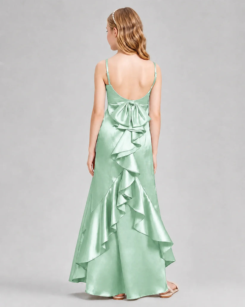 Mint Green Satin A-line Girls Formal Dress Back View