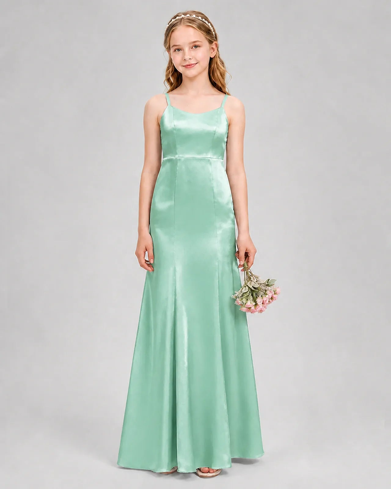 Mint Green Satin A-line Girls Formal Dress Front View