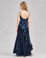 Navy Blue Satin A-line Girls Formal Dress Back View