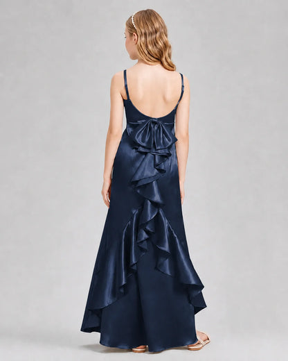 Navy Blue Satin A-line Girls Formal Dress Back View