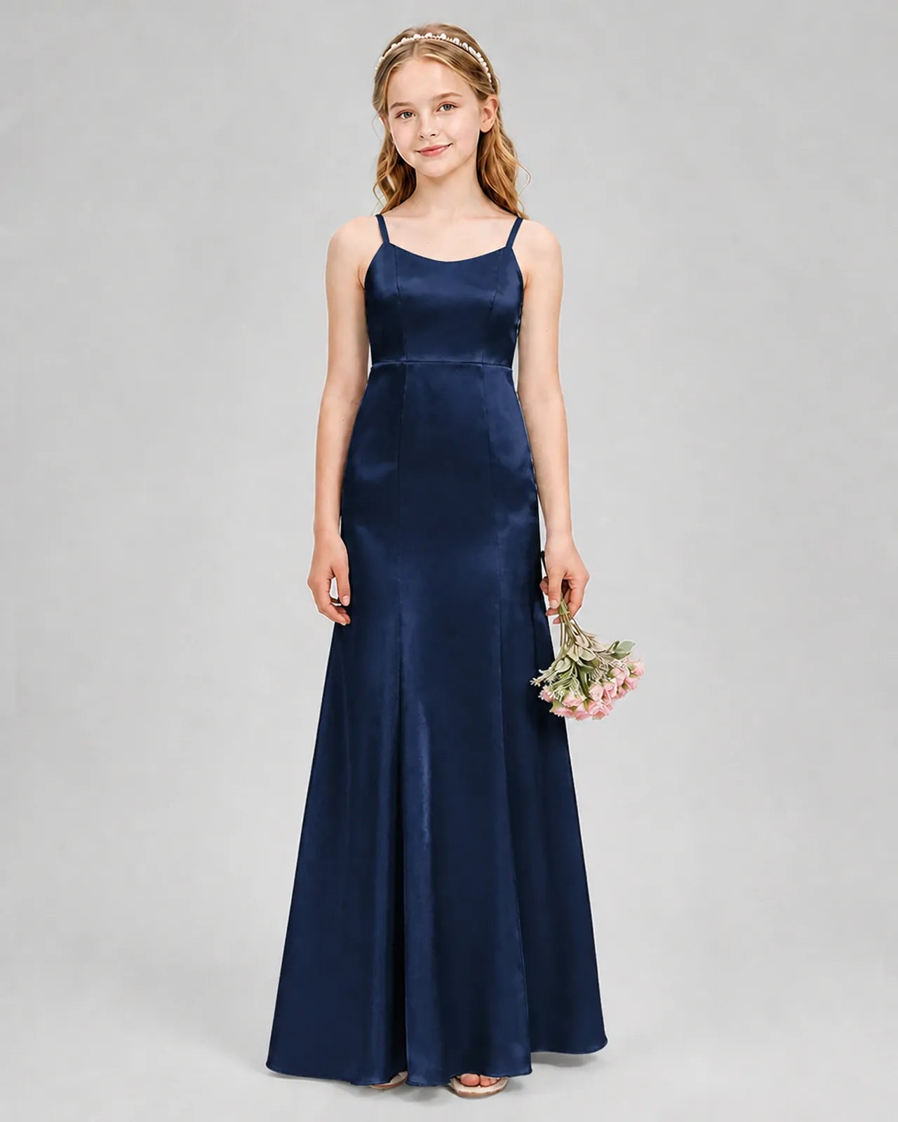 Navy Blue Satin A-line Girls Formal Dress Front View