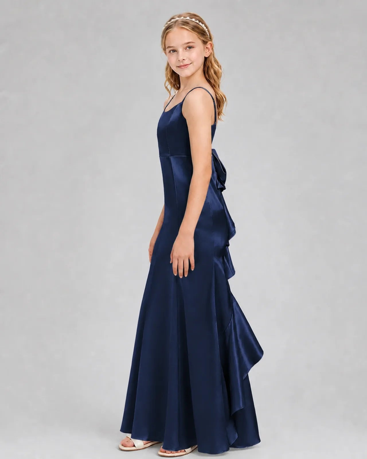 Navy Blue Satin A-line Girls Formal Dress Side View