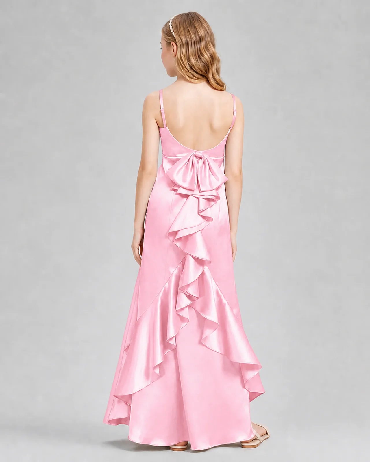 Pink Satin A-line Girls Formal Dress Back View