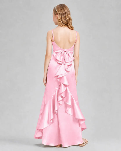 Pink Satin A-line Girls Formal Dress Back View