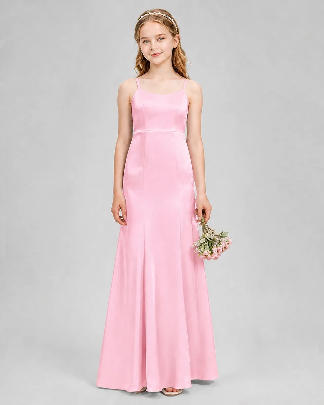 Pink Satin A-line Girls Formal Dress Front View
