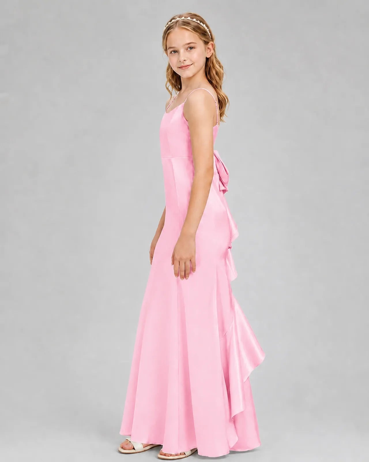 Pink Satin A-line Girls Formal Dress Side View