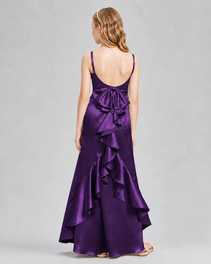 Purple Satin A-line Girls Formal Dress Back View