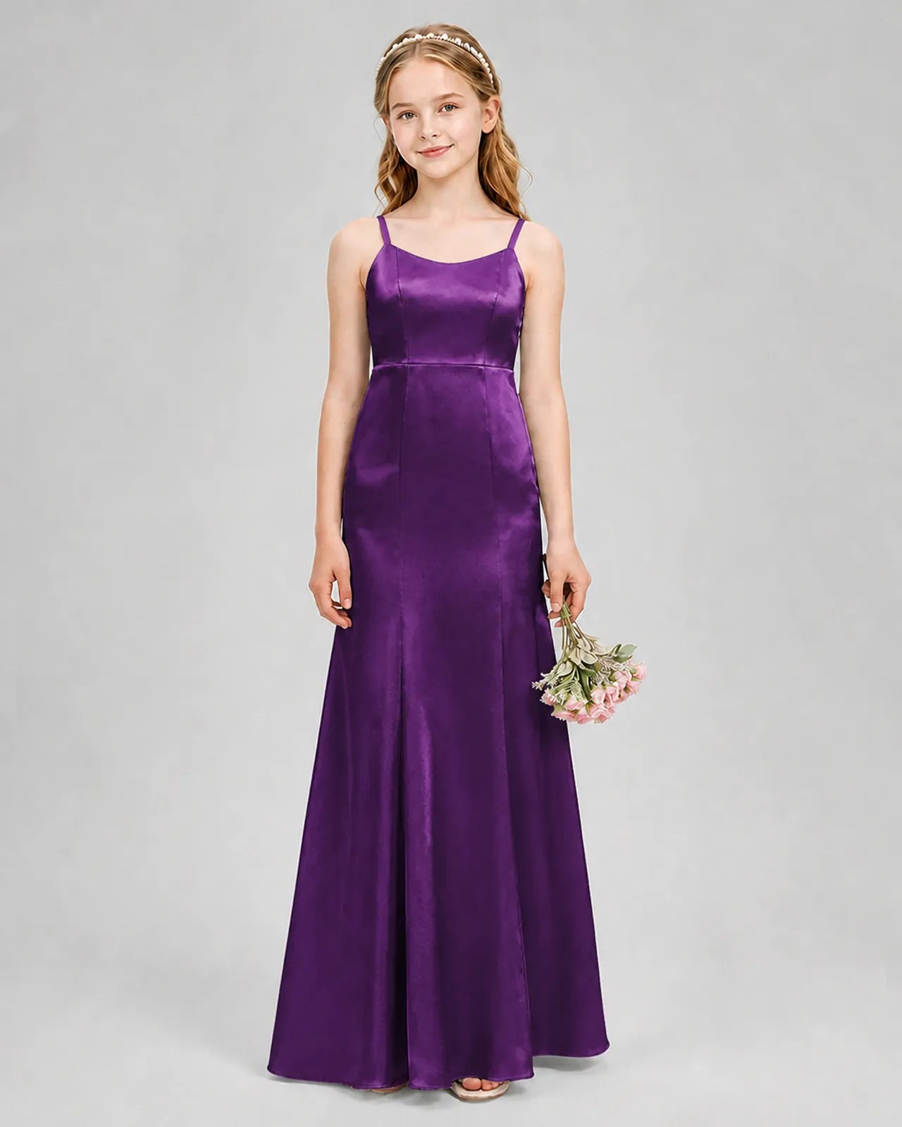 Purple Satin A-line Girls Formal Dress Front View