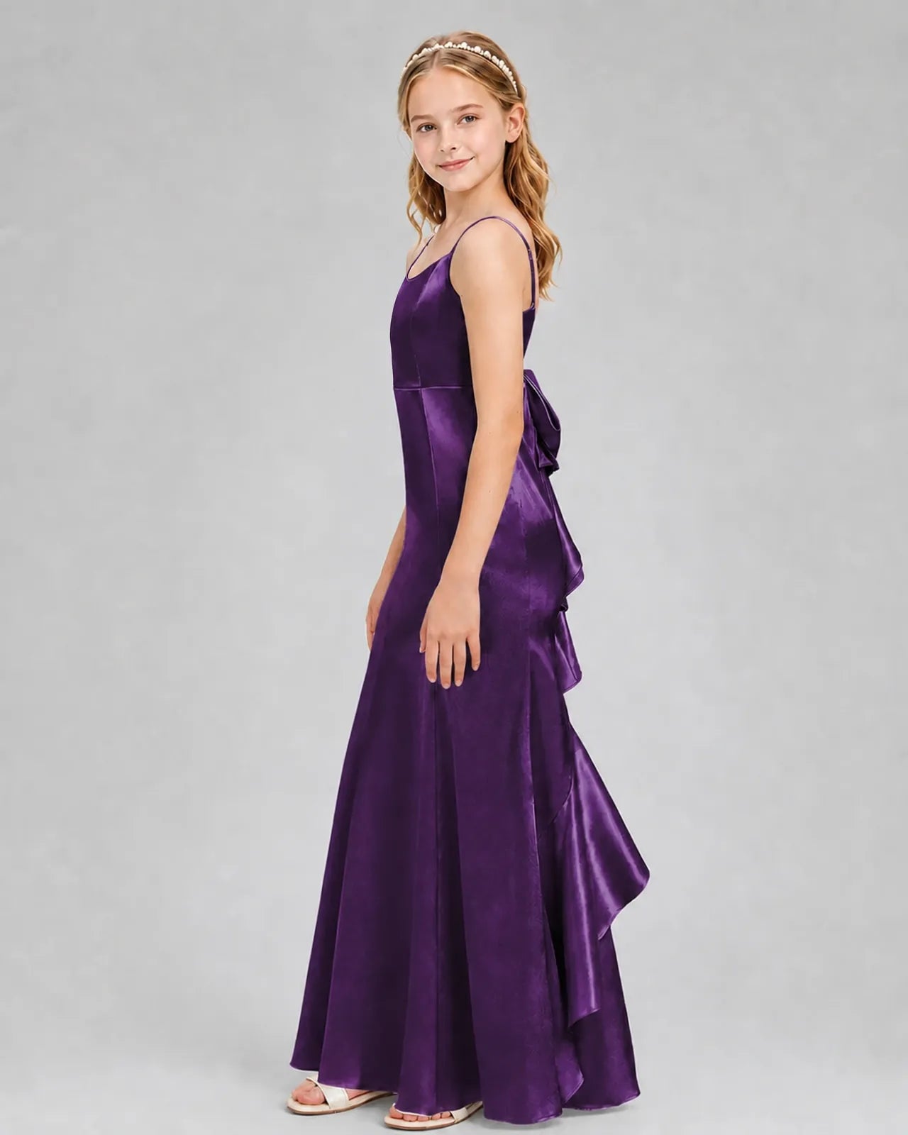 Purple Satin A-line Girls Formal Dress Side View