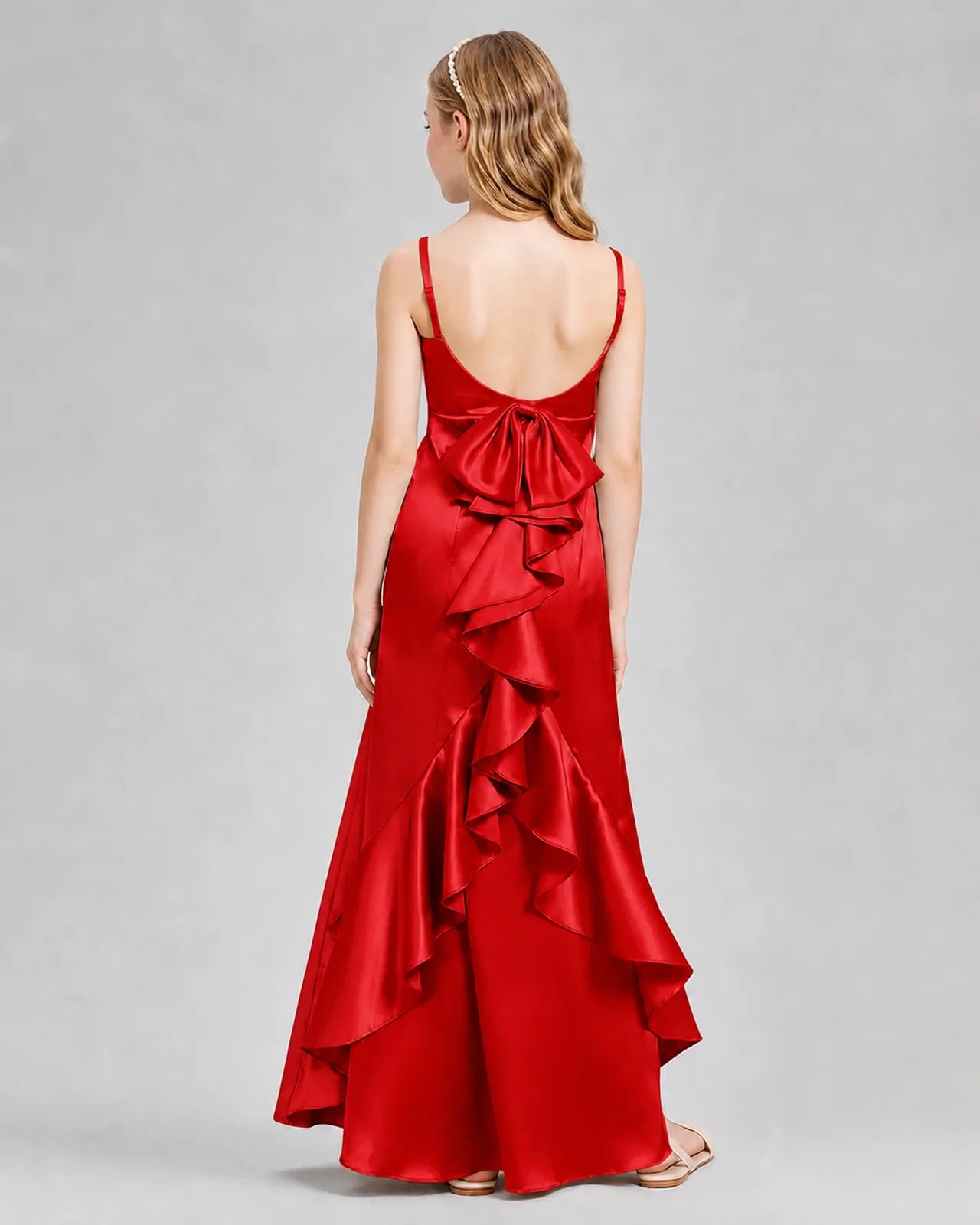Red Satin A-line Girls Formal Dress Back View