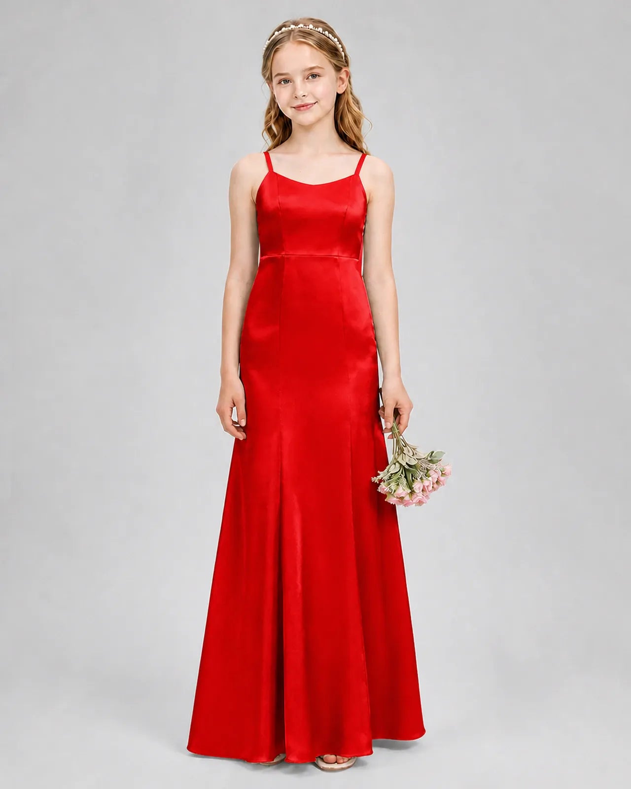 Red Satin A-line Girls Formal Dress Front View