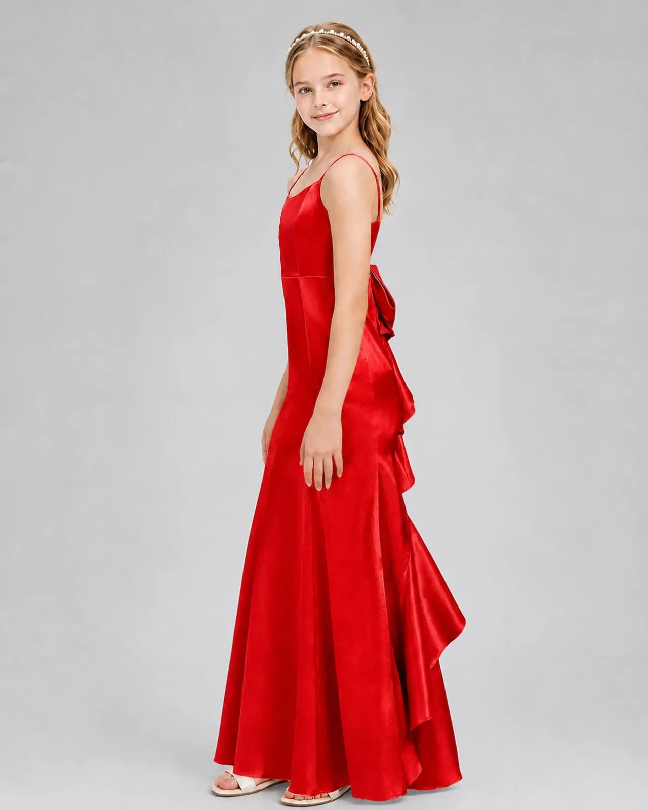 Red Satin A-line Girls Formal Dress Side View
