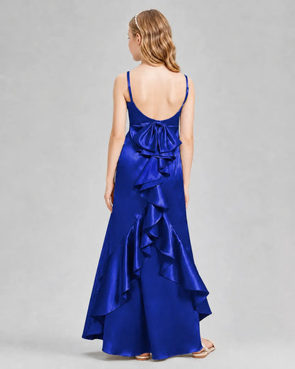 Royal Blue Satin A-line Girls Formal Dress Back View