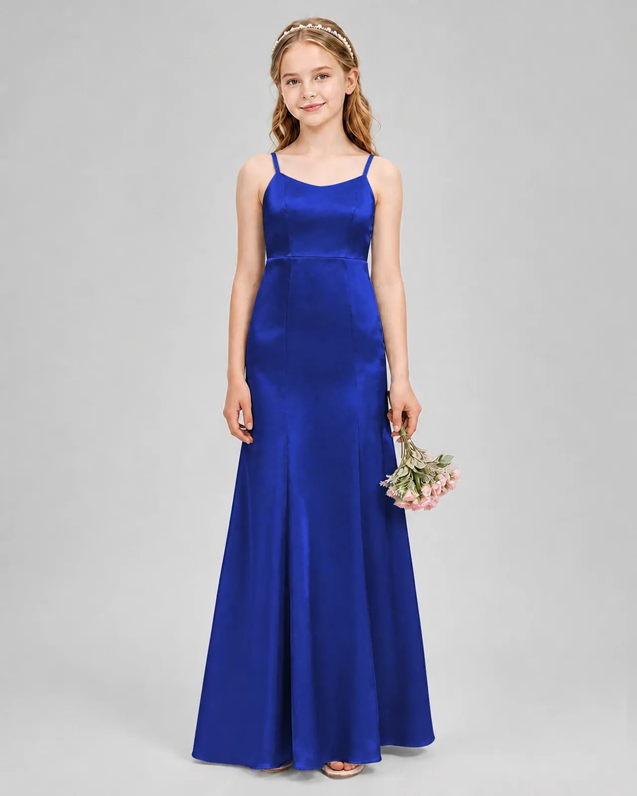 Royal Blue Satin A-line Girls Formal Dress Front View