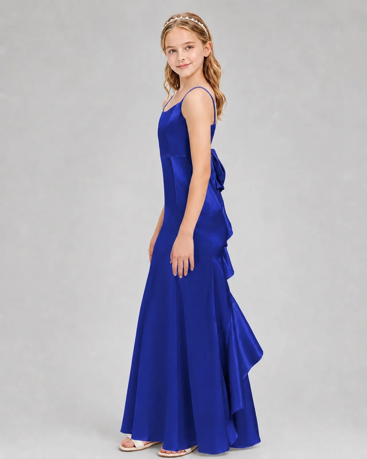 Royal Blue Satin A-line Girls Formal Dress Side View