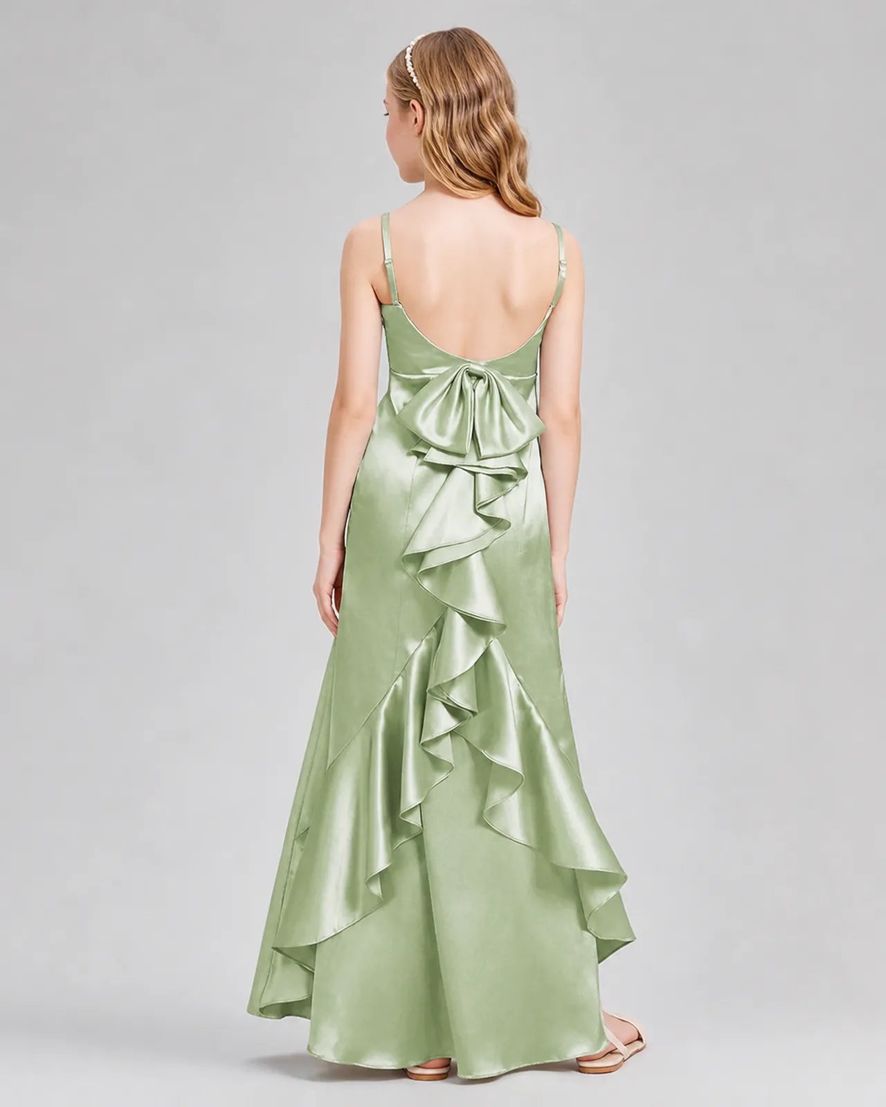 Sage Green Satin A-line Girls Formal Dress Back View