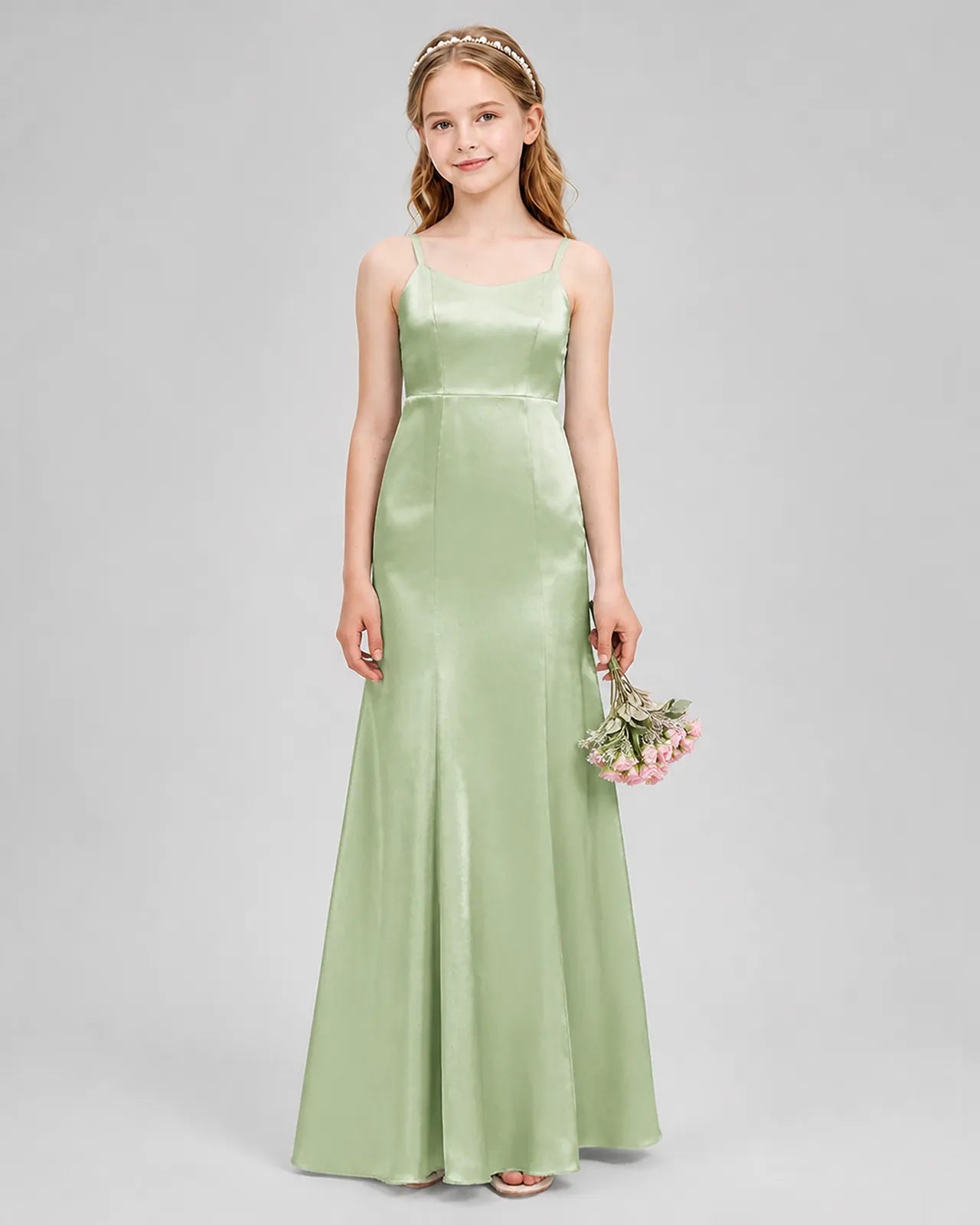 Sage Green Satin A-line Girls Formal Dress Front View