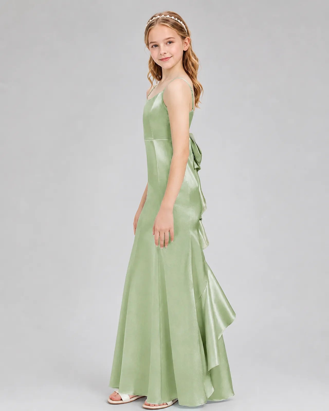 Sage Green Satin A-line Girls Formal Dress Back Side View