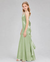 Sage Green Satin A-line Girls Formal Dress Back Side View