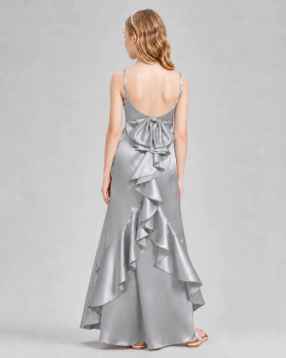 Silver Satin A-line Girls Formal Dress Back View