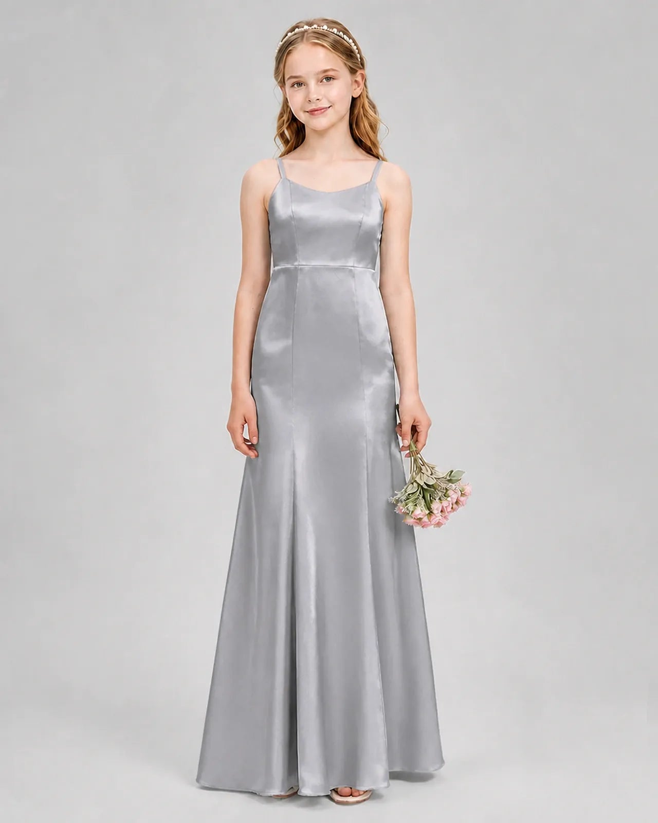 Silver Satin A-line Girls Formal Dress Front View