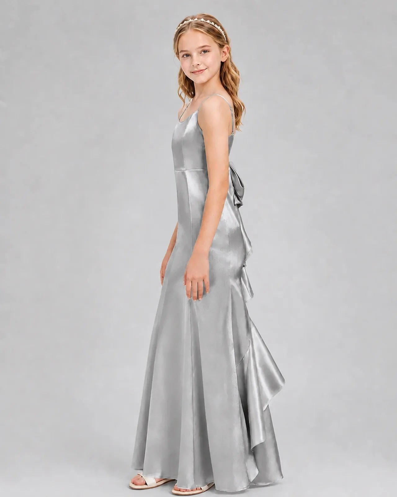 Silver Satin A-line Girls Formal Dress Side View