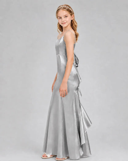 Silver Satin A-line Girls Formal Dress Side View