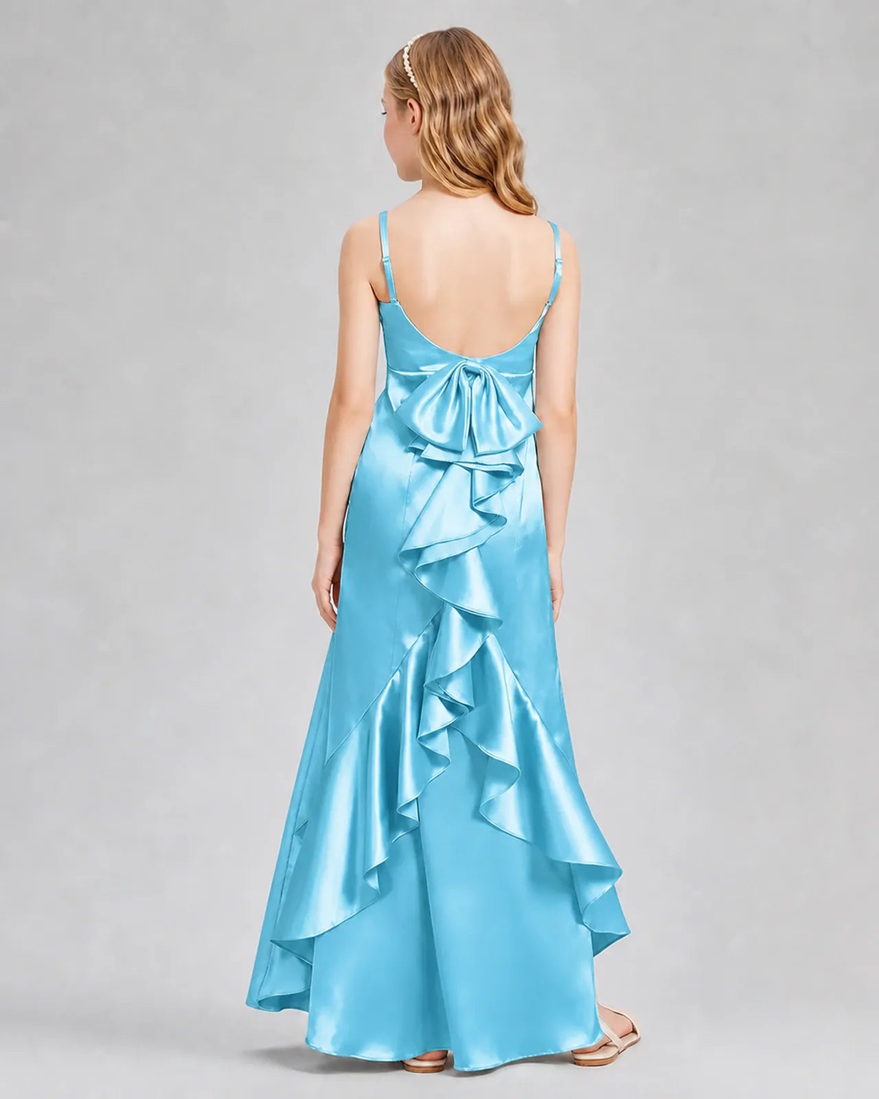 Sky Blue Satin A-line Girls Formal Dress Back View