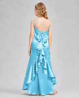 Sky Blue Satin A-line Girls Formal Dress Back View