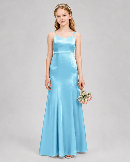 Sky Blue Satin A-line Girls Formal Dress Front View