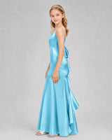 Sky Blue Satin A-line Girls Formal Dress Side View