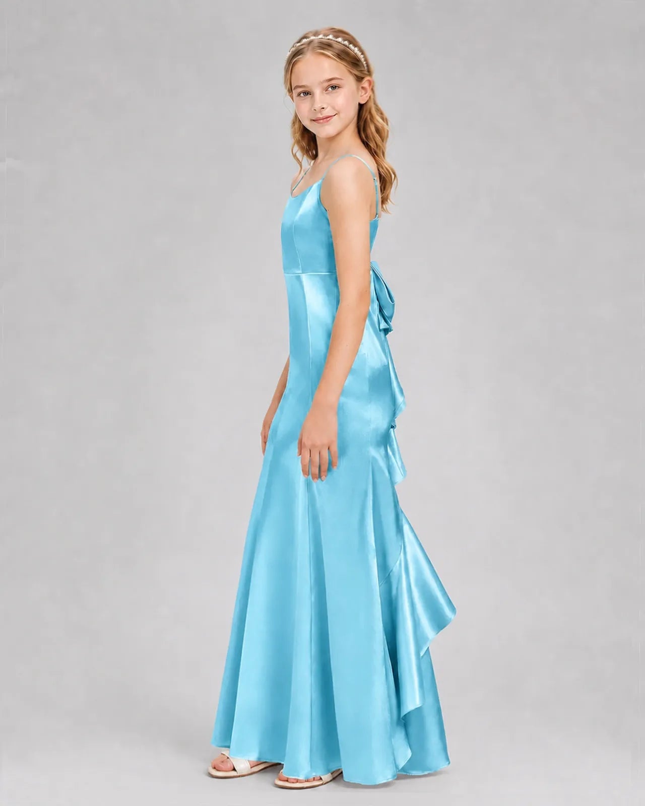 Sky Blue Satin A-line Girls Formal Dress Side View