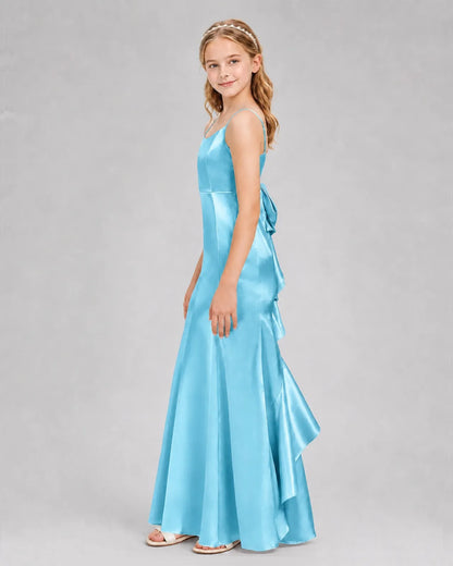 Sky Blue Satin A-line Girls Formal Dress Side View