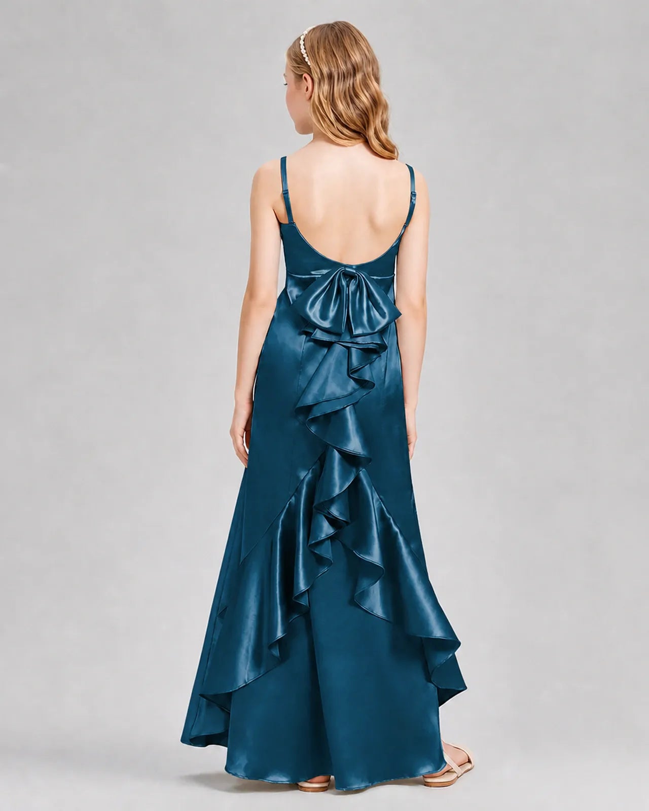 Teal Satin A-line Girls Formal Dress Back View