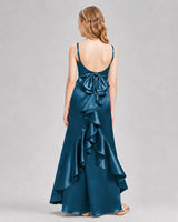 Teal Satin A-line Girls Formal Dress Back View