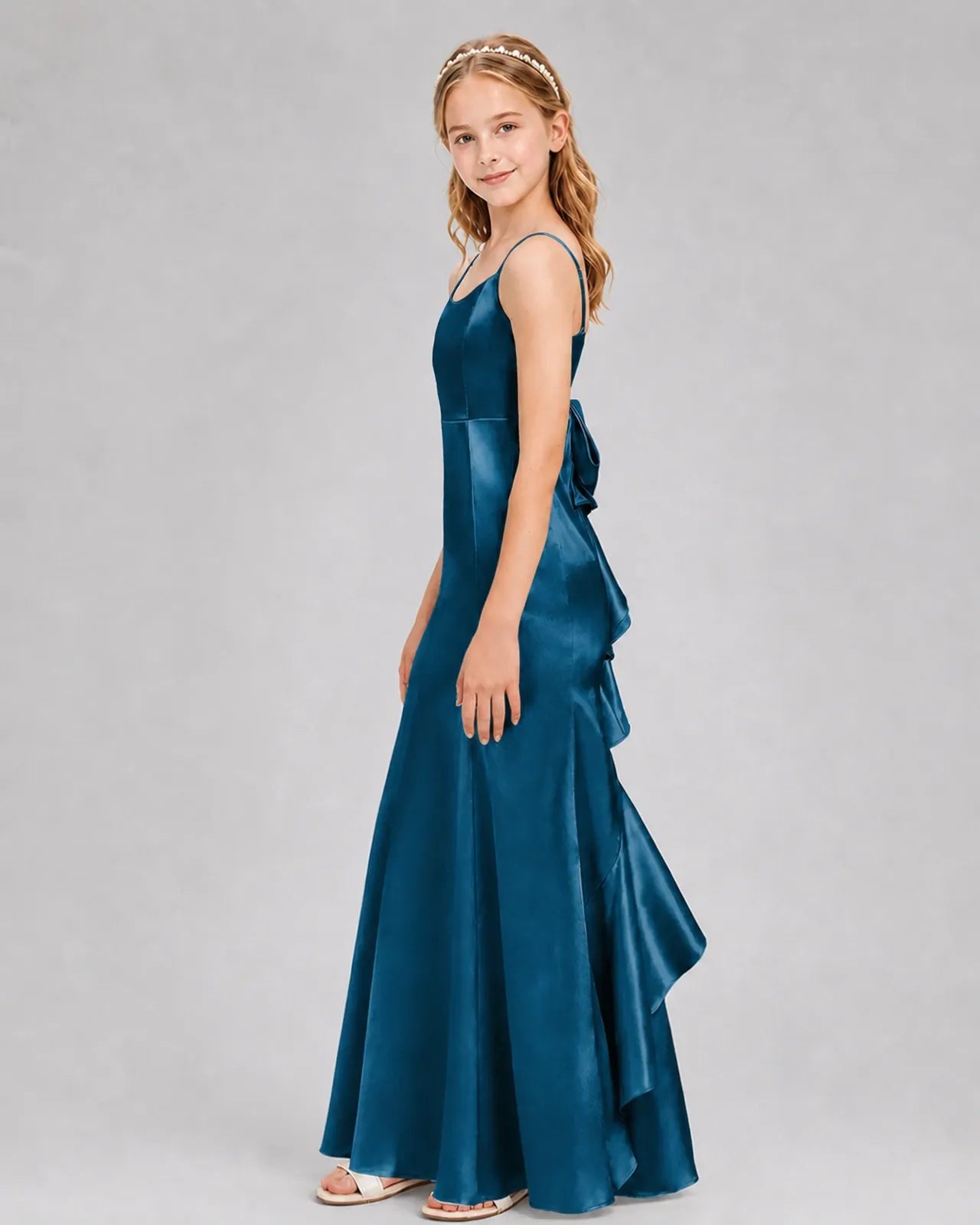 Teal Satin A-line Girls Formal Dress Side View