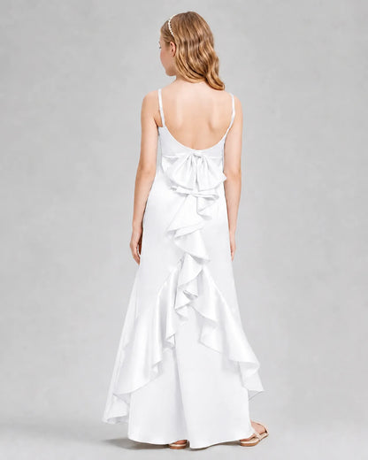 White Satin A-line Girls Formal Dress Back View