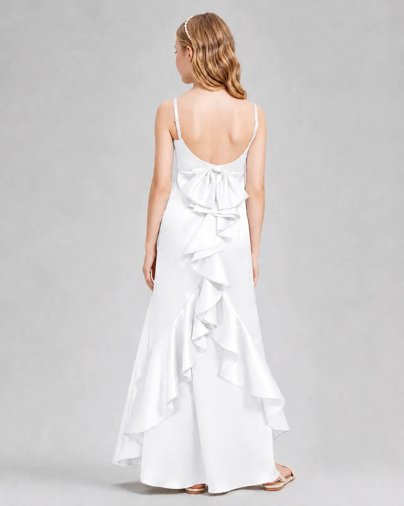 White Satin A-line Girls Formal Dress Back View