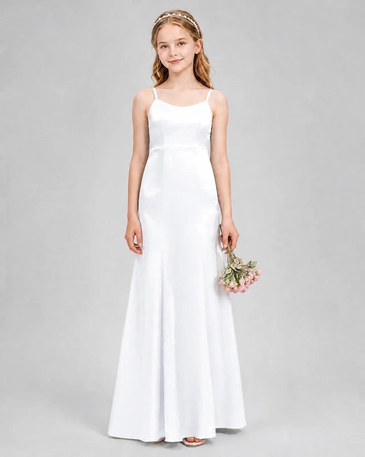 White Satin A-line Girls Formal Dress Front View