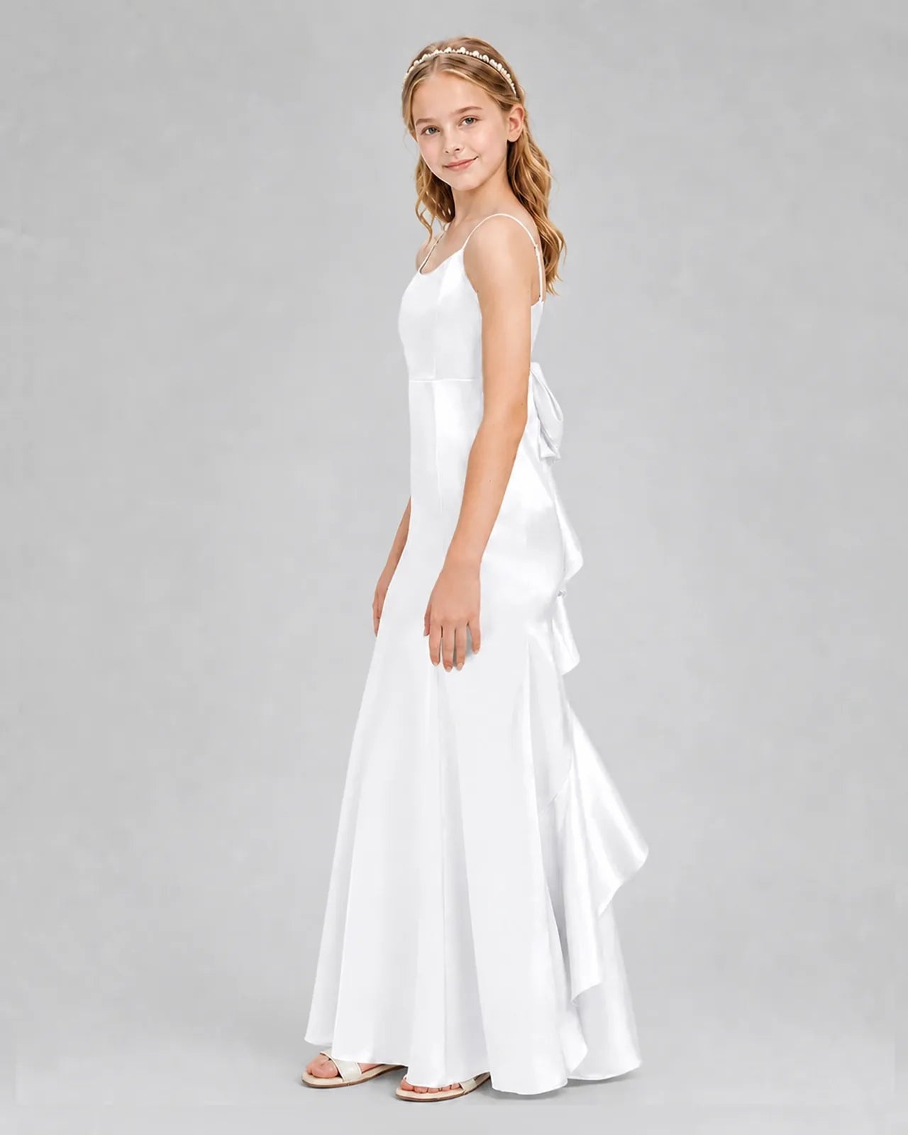 White Satin A-line Girls Formal Dress Side View