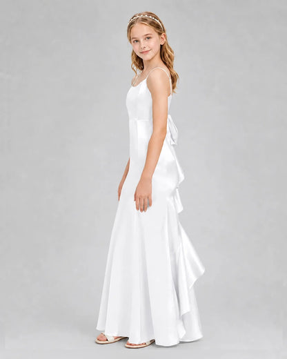 White Satin A-line Girls Formal Dress Side View