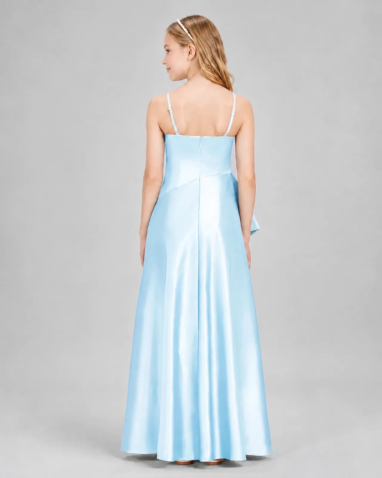 Baby Blue Satin A-line Junior Bridesmaid Dress Back View