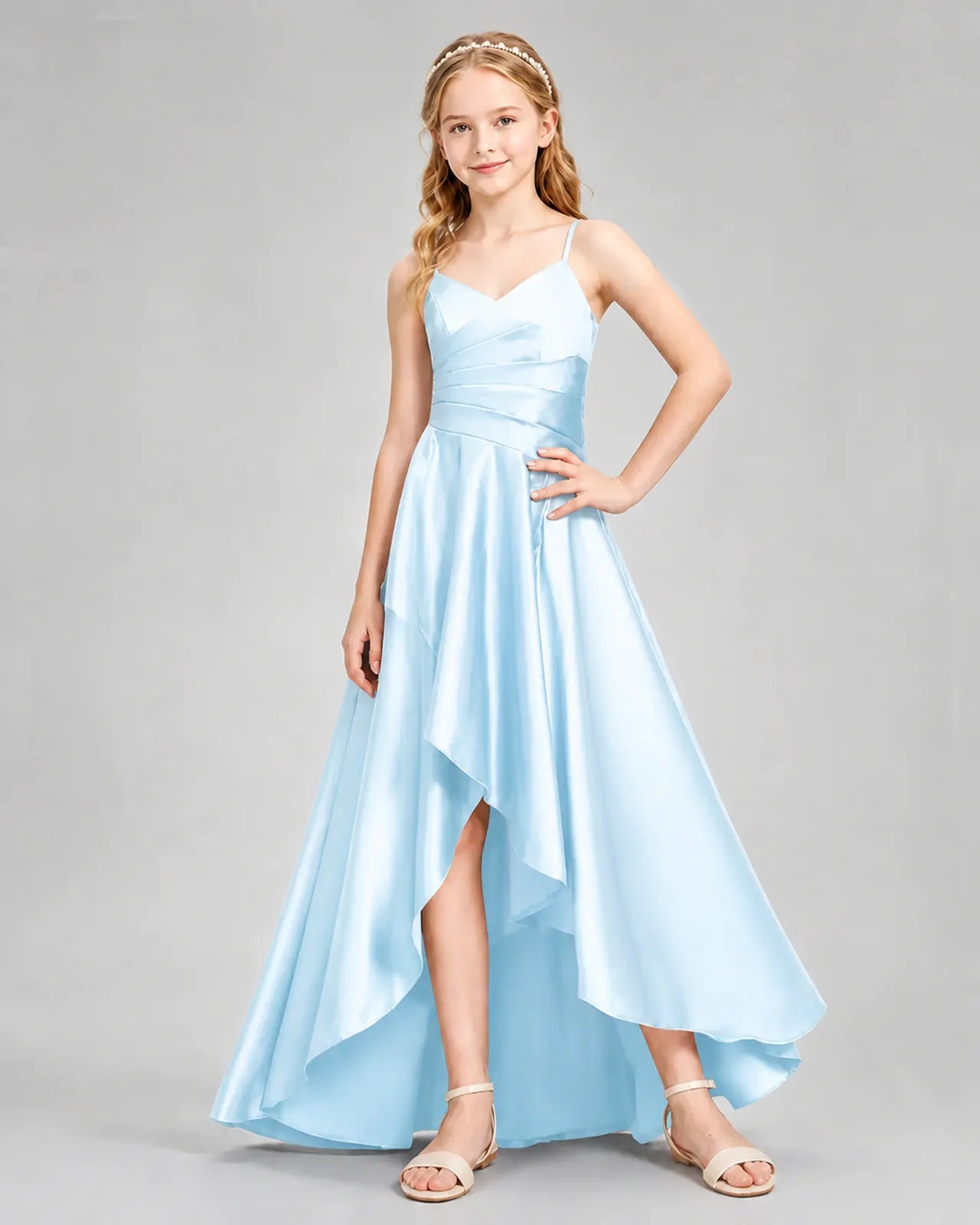 Baby Blue Satin A-line Junior Bridesmaid Dress Front View