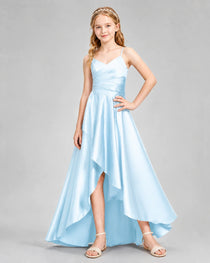 Dideyttawl Junior Bridesmaid Dress with High-Low Skirt and Satin Ruched Bodice