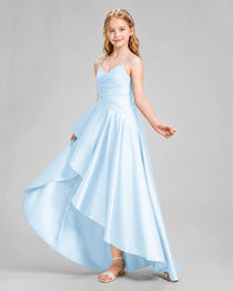 Dideyttawl Junior Bridesmaid Dress with High-Low Skirt and Satin Ruched Bodice