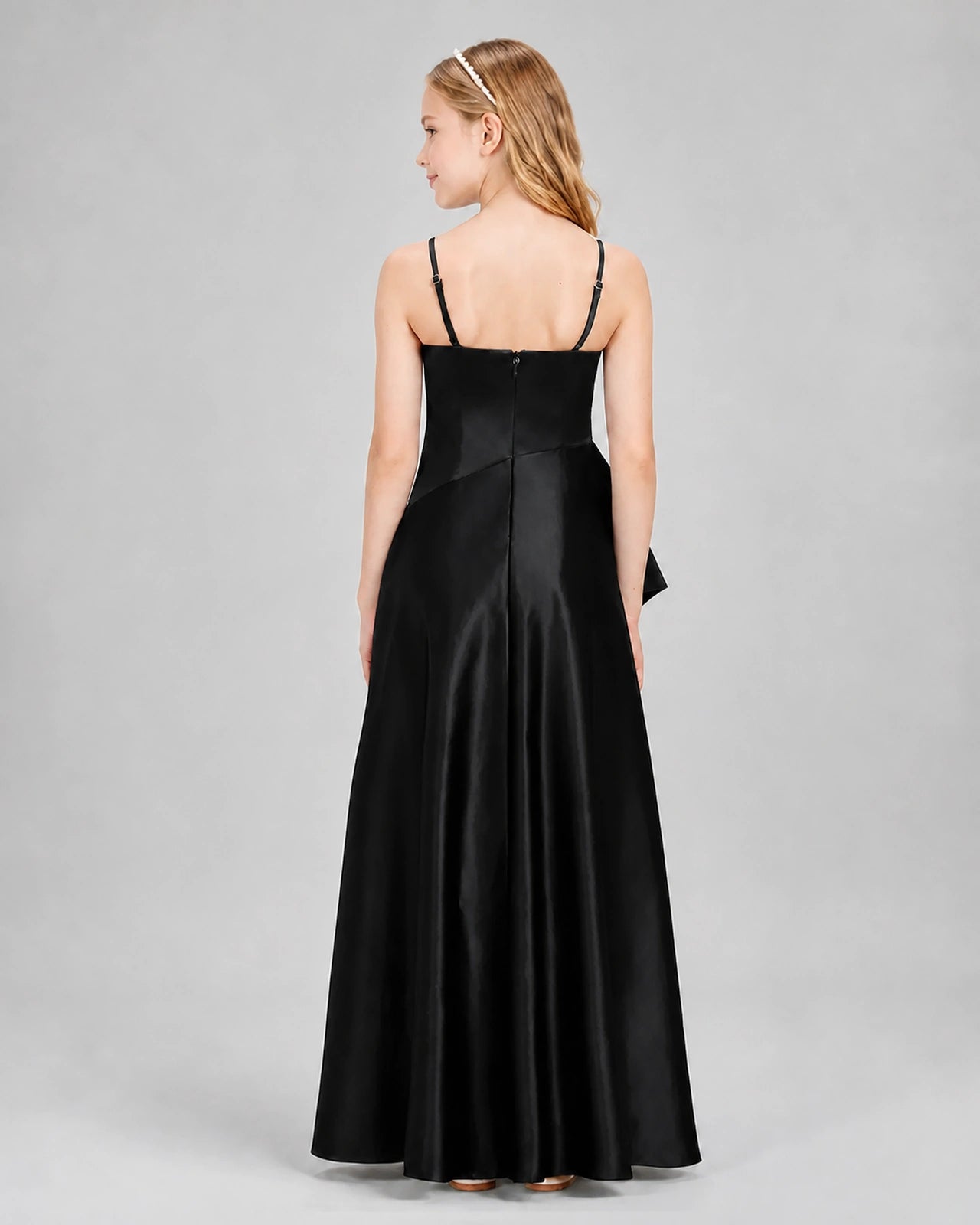 Dideyttawl Junior Bridesmaid Dress with High-Low Skirt and Satin Ruched Bodice