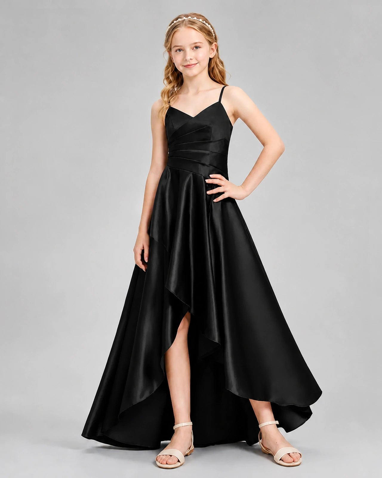 Dideyttawl Junior Bridesmaid Dress with High-Low Skirt and Satin Ruched Bodice