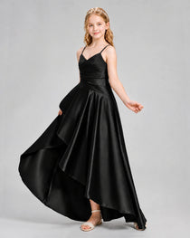 Dideyttawl Junior Bridesmaid Dress with High-Low Skirt and Satin Ruched Bodice